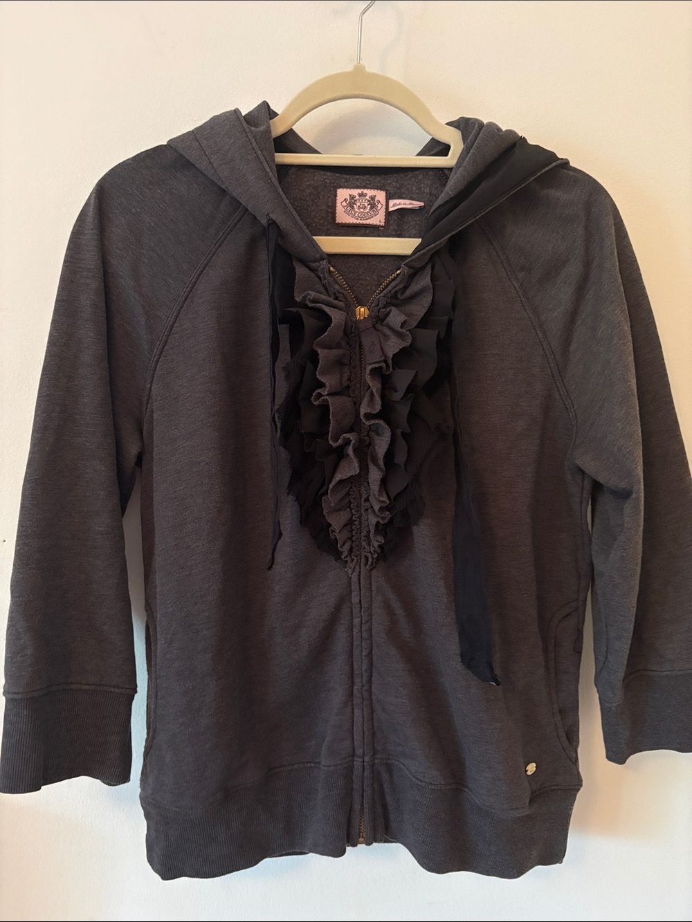 Juicy Couture Y2K Dark Gray 3/4 Sleeve Ruffle Zip-Up Hoodie